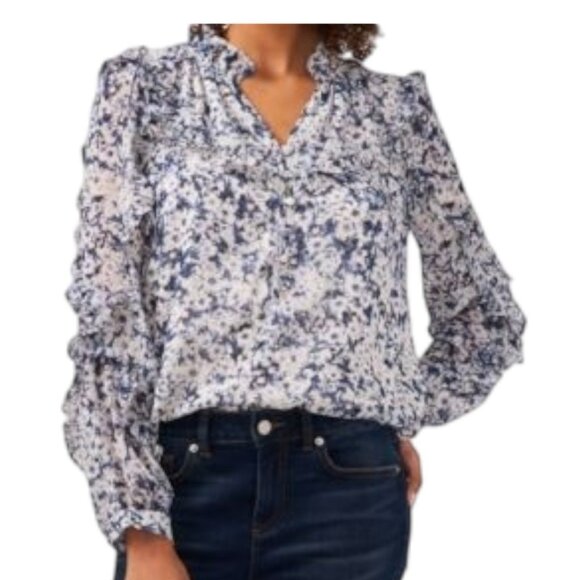 Vince Camuto Plus Size Floral-Print Ruffle- Blouse Top Steel Blue 3X NWT - Picture 1 of 2